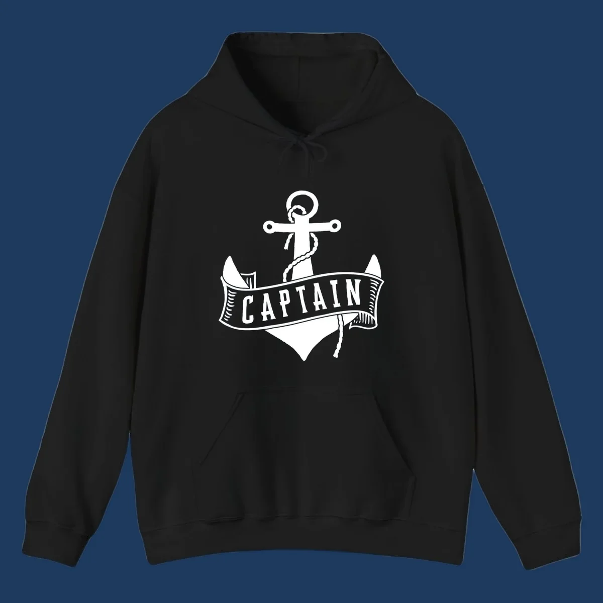 Vintage nautical captain anchor badge design with rope, cross emblem, sailing ship, and banner ribbon on gray background.
