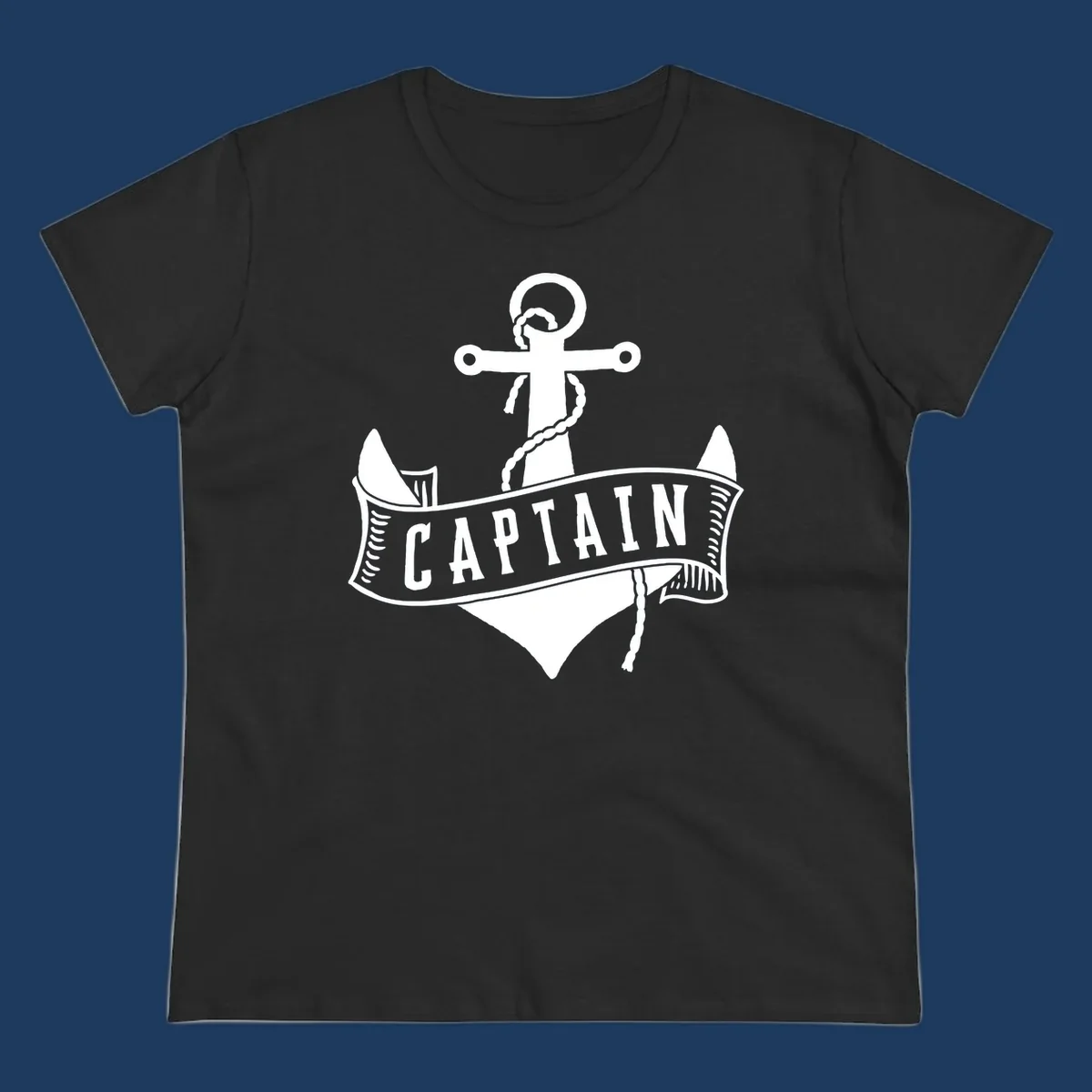 Vintage nautical captain anchor badge design with rope, cross emblem, sailing ship, and banner ribbon on gray background.