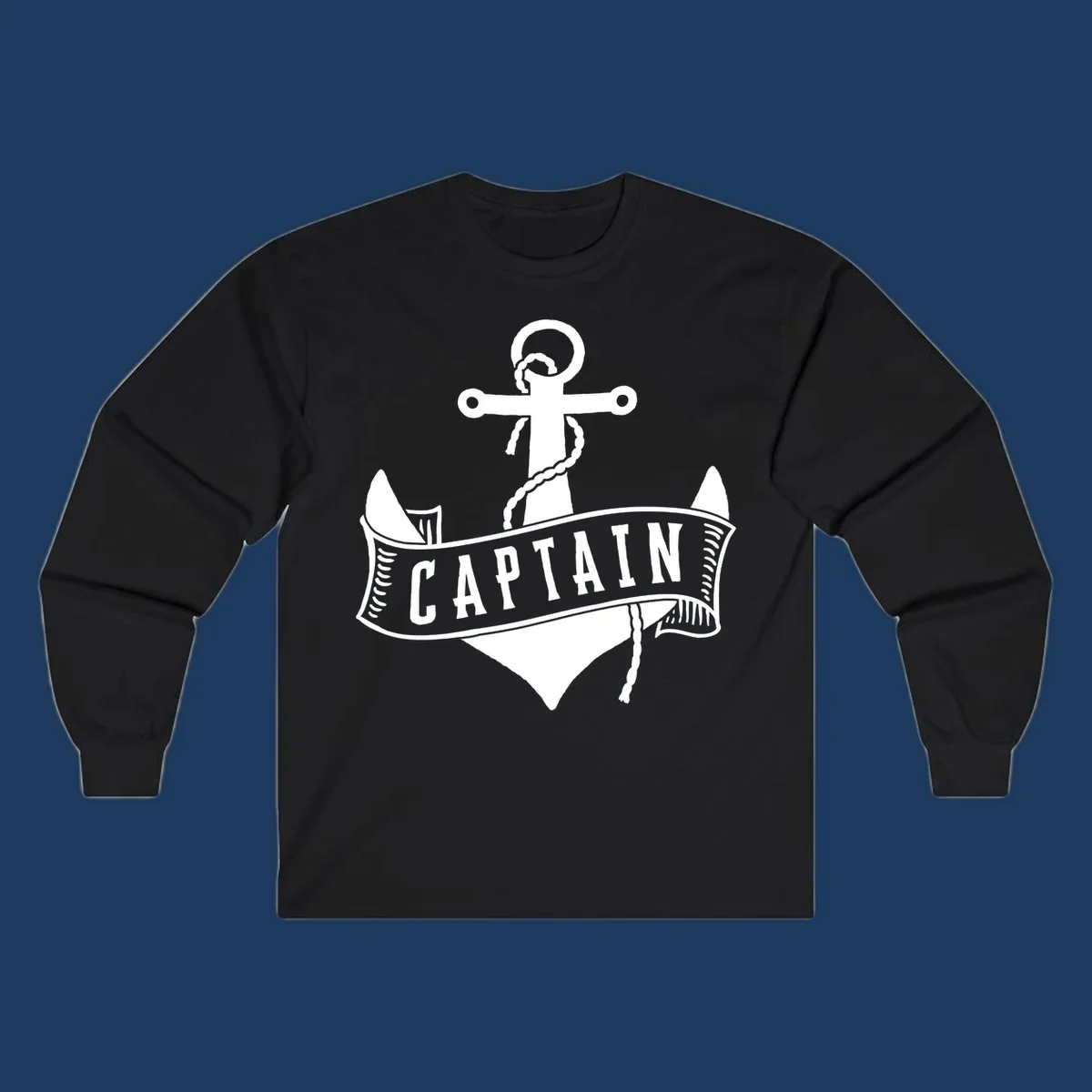 Vintage nautical captain anchor badge design with rope, cross emblem, sailing ship, and banner ribbon on gray background.