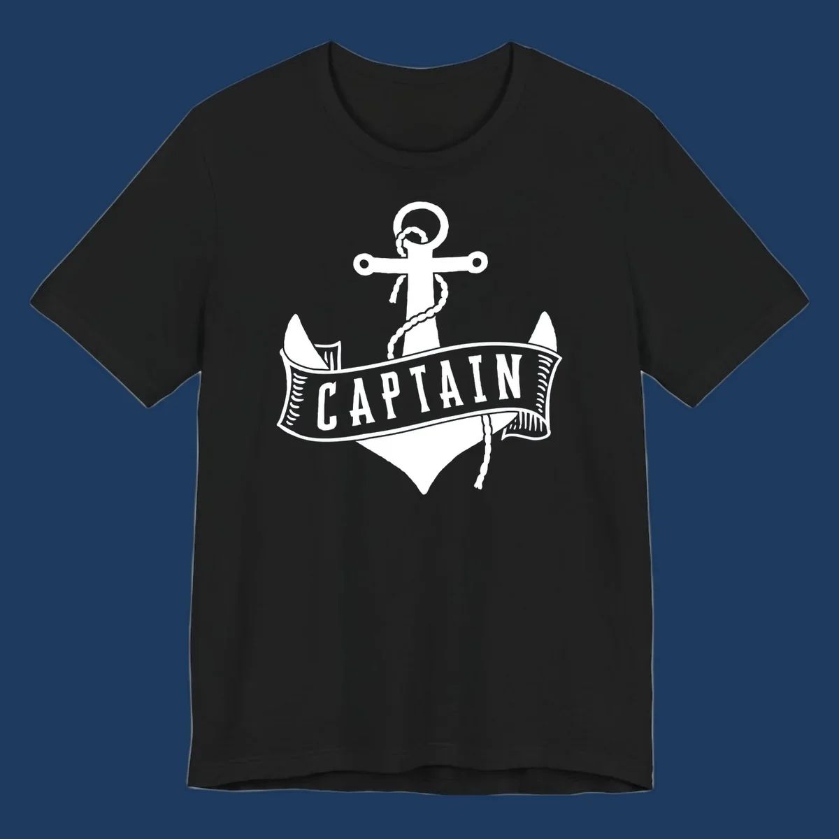 Vintage nautical captain anchor badge design with rope, cross emblem, sailing ship, and banner ribbon on gray background.
