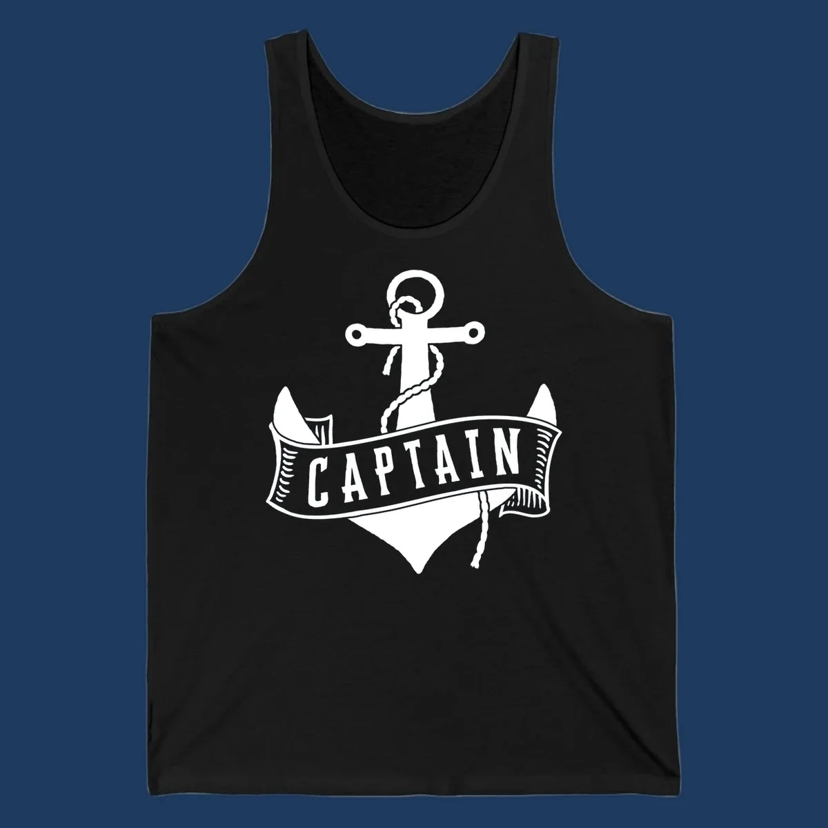 Vintage nautical captain anchor badge design with rope, cross emblem, sailing ship, and banner ribbon on gray background.