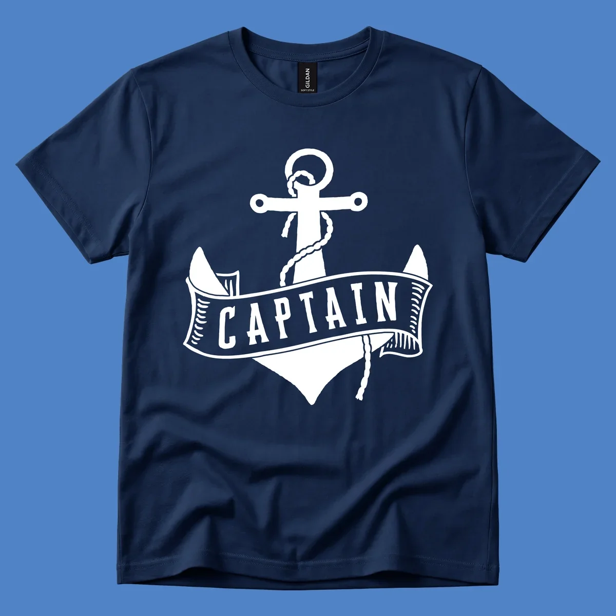 Vintage nautical captain anchor badge design with rope, cross emblem, sailing ship, and banner ribbon on gray background.