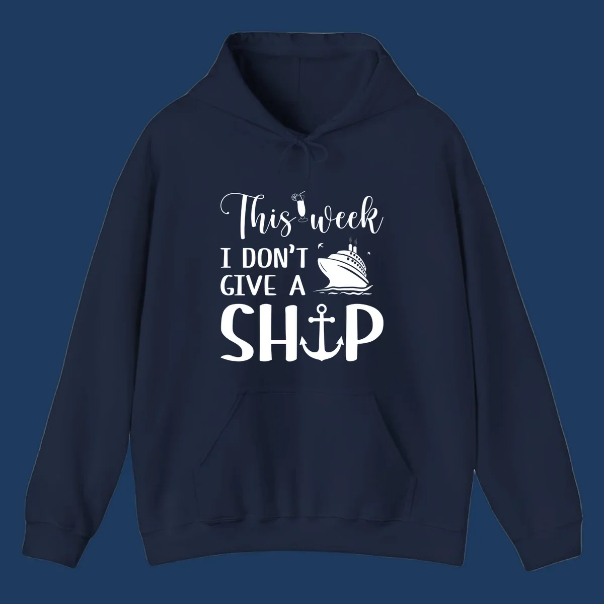 Gray design with white text reading 'This week I don't give a ship' featuring a cruise ship, anchor, cocktail, and seagulls