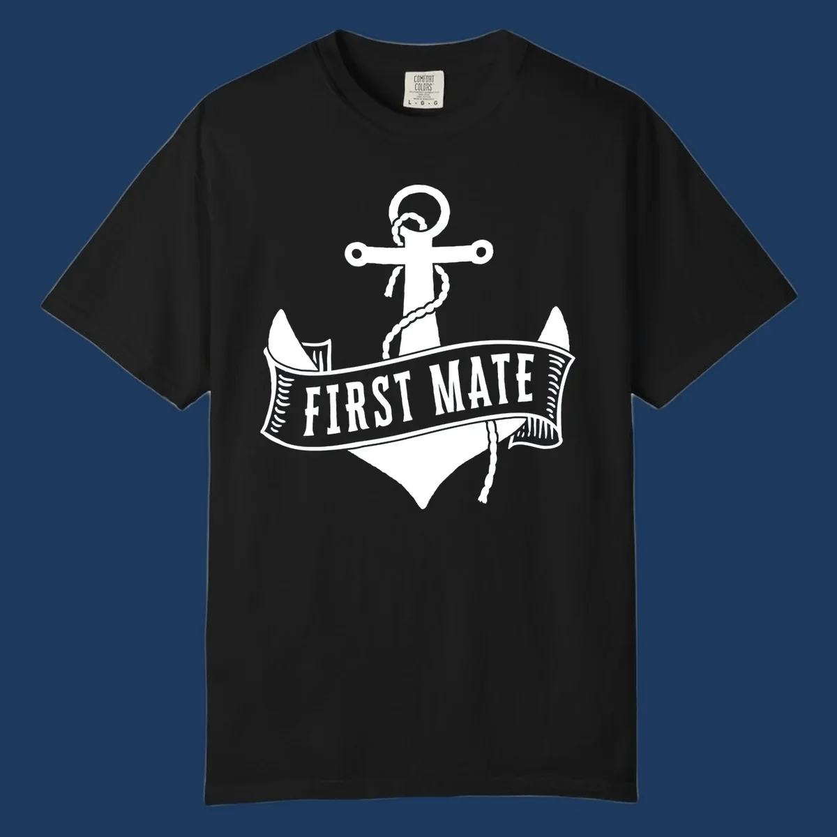 White vintage-style anchor with rope and cross emblem above a banner reading 'First Mate' on gray background