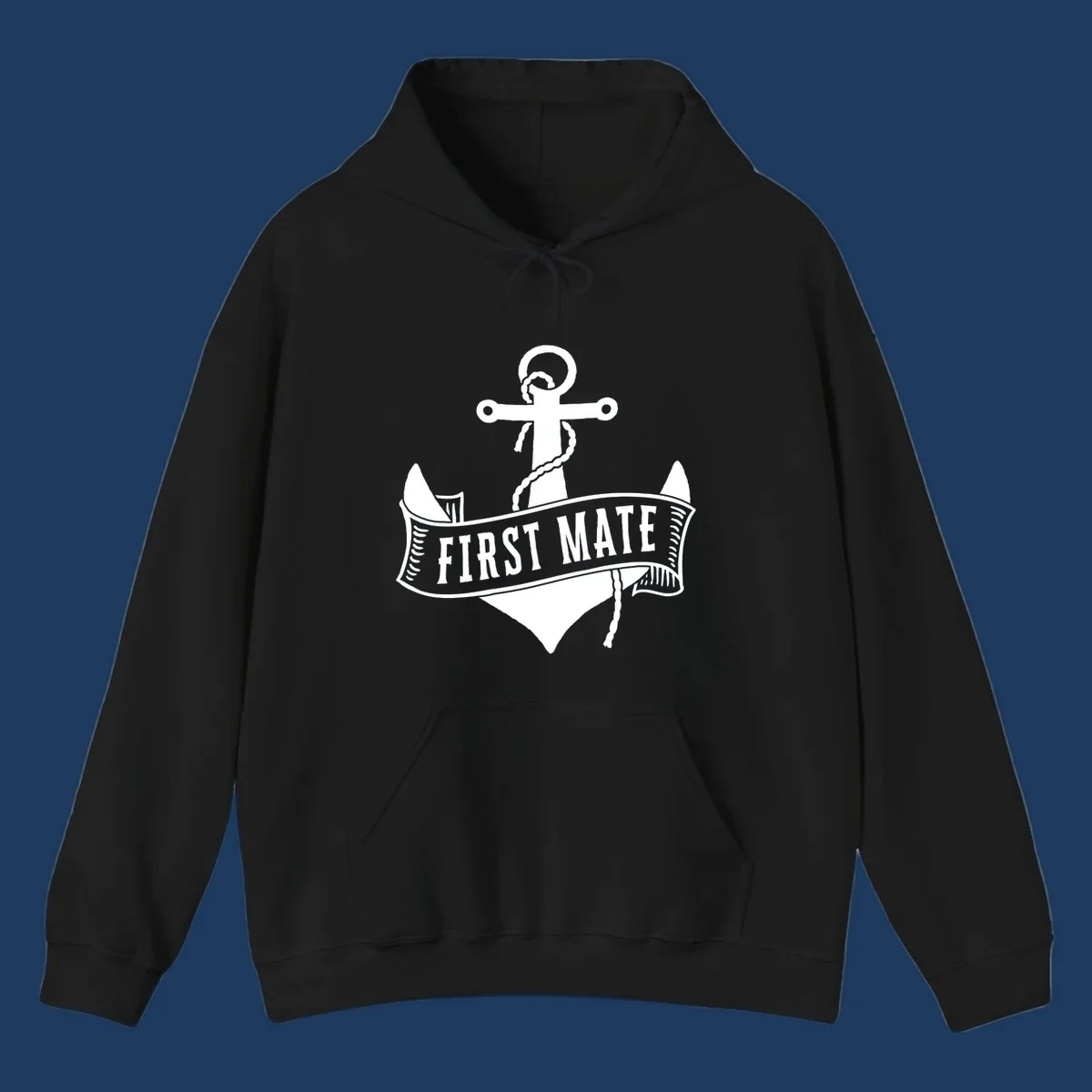 White vintage-style anchor with rope and cross emblem above a banner reading 'First Mate' on gray background