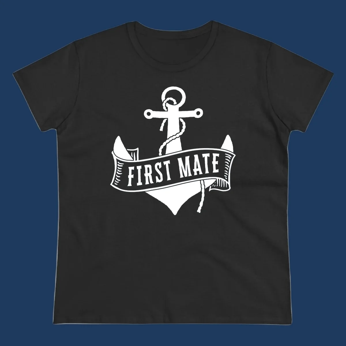 White vintage-style anchor with rope and cross emblem above a banner reading 'First Mate' on gray background