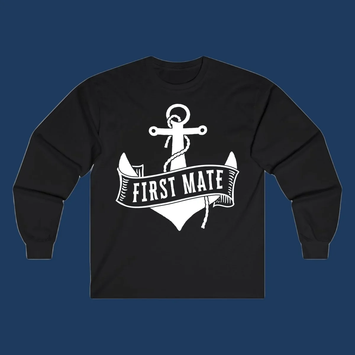 White vintage-style anchor with rope and cross emblem above a banner reading 'First Mate' on gray background
