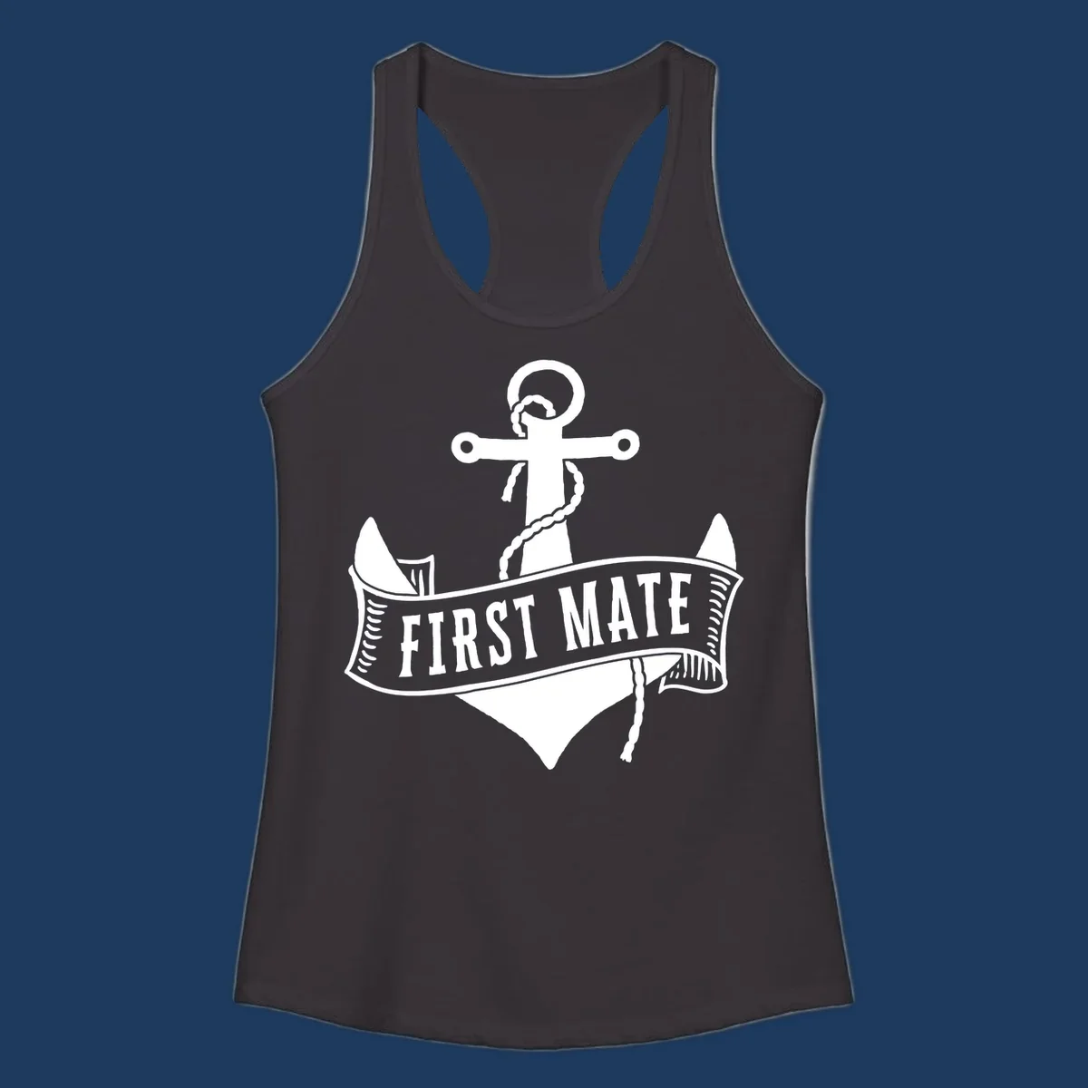 White vintage-style anchor with rope and cross emblem above a banner reading 'First Mate' on gray background
