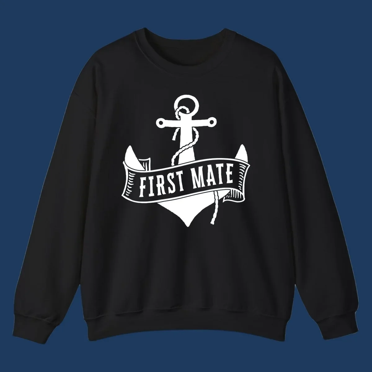 White vintage-style anchor with rope and cross emblem above a banner reading 'First Mate' on gray background