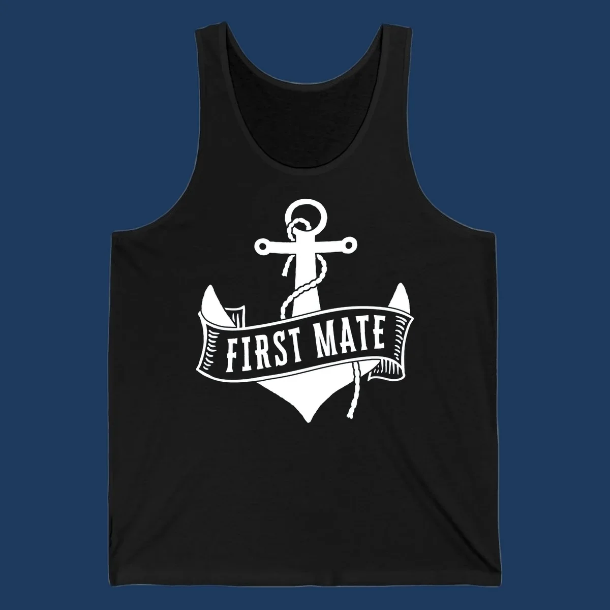 White vintage-style anchor with rope and cross emblem above a banner reading 'First Mate' on gray background
