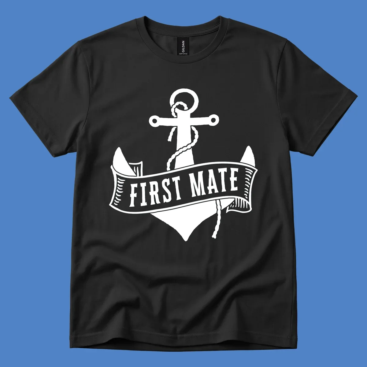 White vintage-style anchor with rope and cross emblem above a banner reading 'First Mate' on gray background