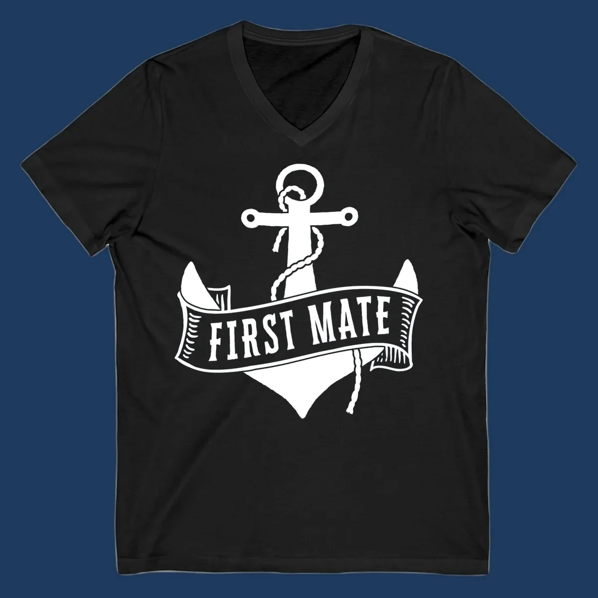 White vintage-style anchor with rope and cross emblem above a banner reading 'First Mate' on gray background
