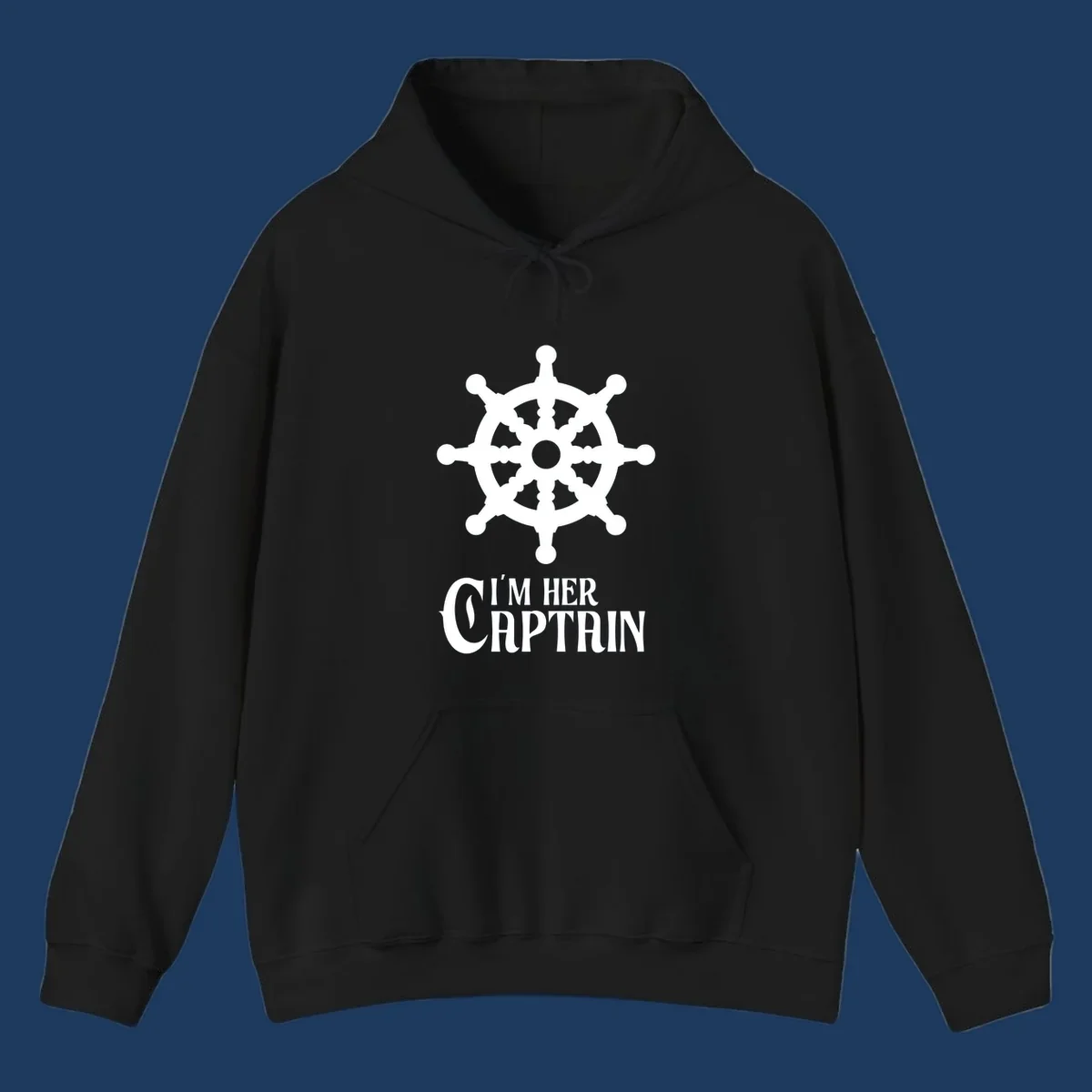 White ship's wheel with gray center above 'I'm Her Captain' text for cruise vacation apparel