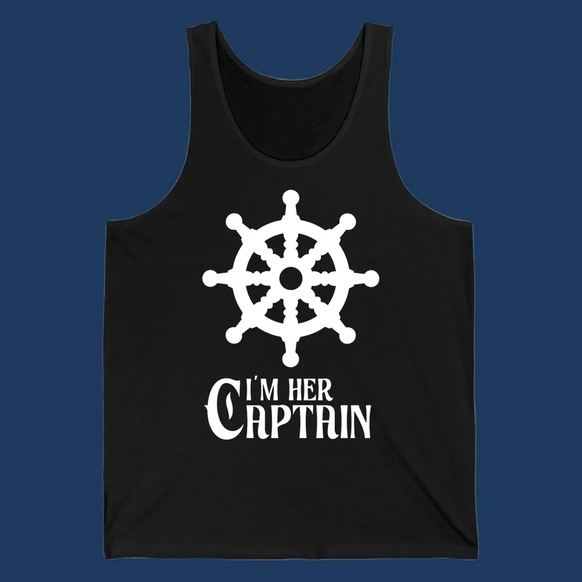 White ship's wheel with gray center above 'I'm Her Captain' text for cruise vacation apparel