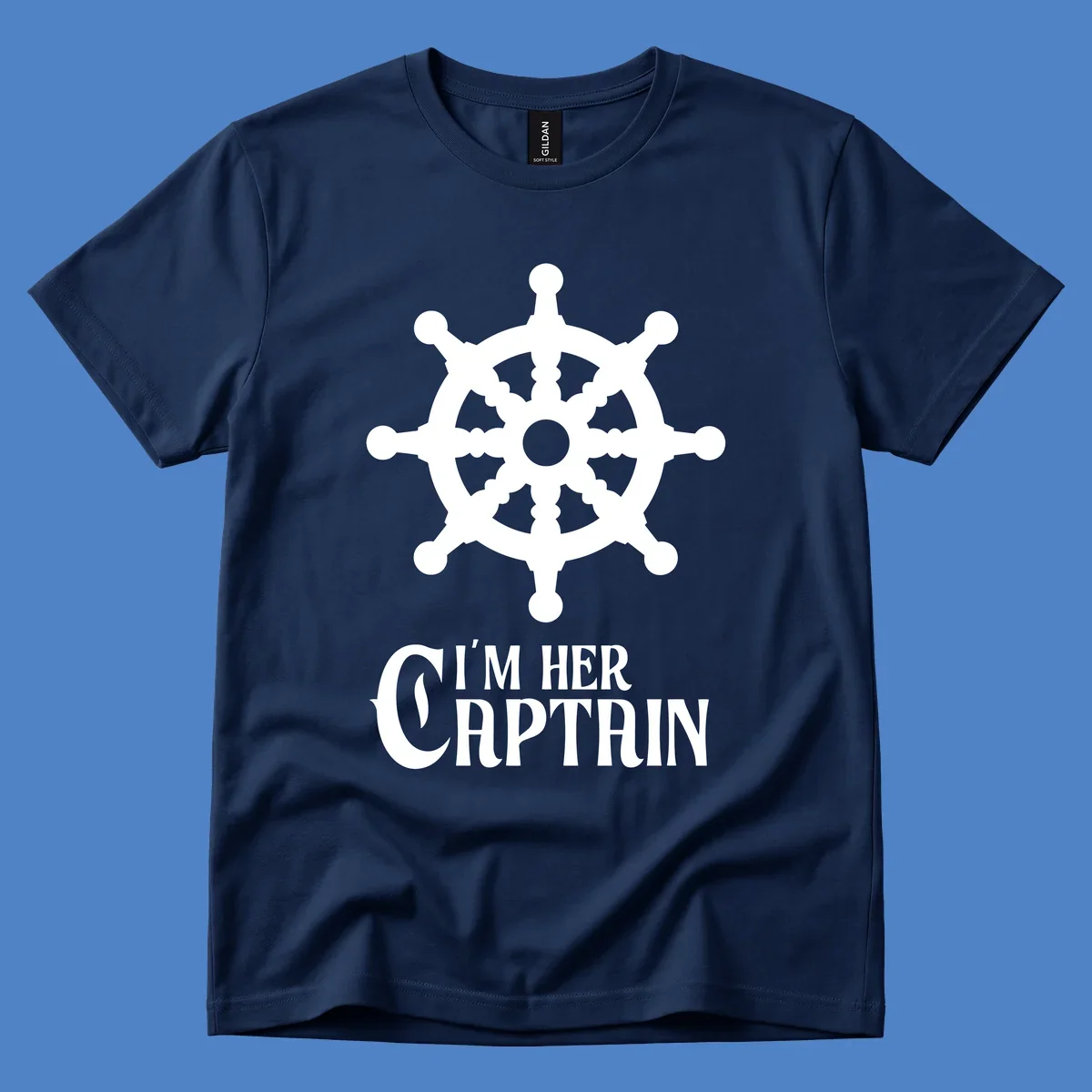 White ship's wheel with gray center above 'I'm Her Captain' text for cruise vacation apparel