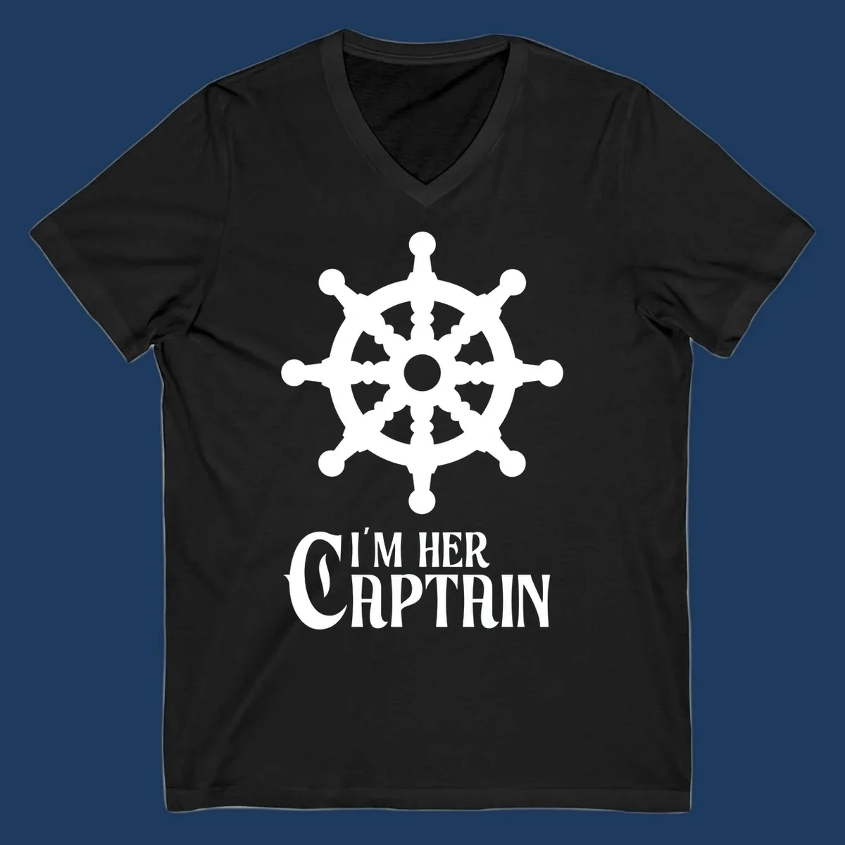 White ship's wheel with gray center above 'I'm Her Captain' text for cruise vacation apparel
