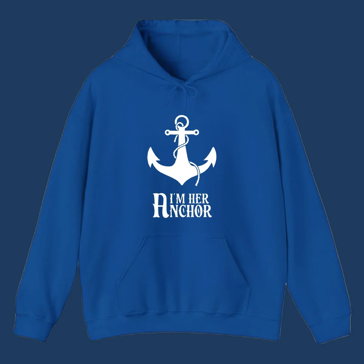 White anchor with rope design and 'I'm Her Anchor' text on gray background - nautical couple shirt illustration