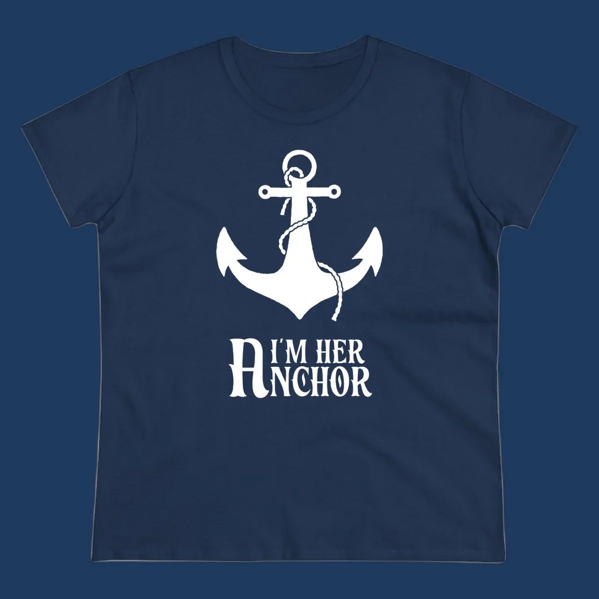 White anchor with rope design and 'I'm Her Anchor' text on gray background - nautical couple shirt illustration