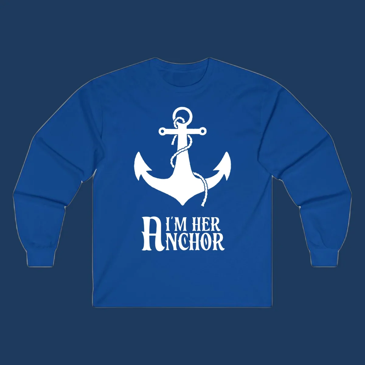 White anchor with rope design and 'I'm Her Anchor' text on gray background - nautical couple shirt illustration
