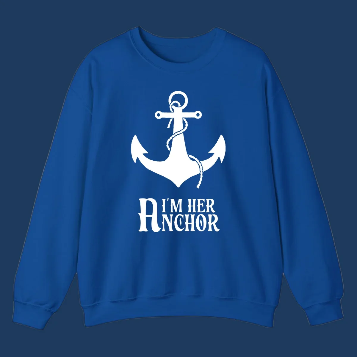 White anchor with rope design and 'I'm Her Anchor' text on gray background - nautical couple shirt illustration