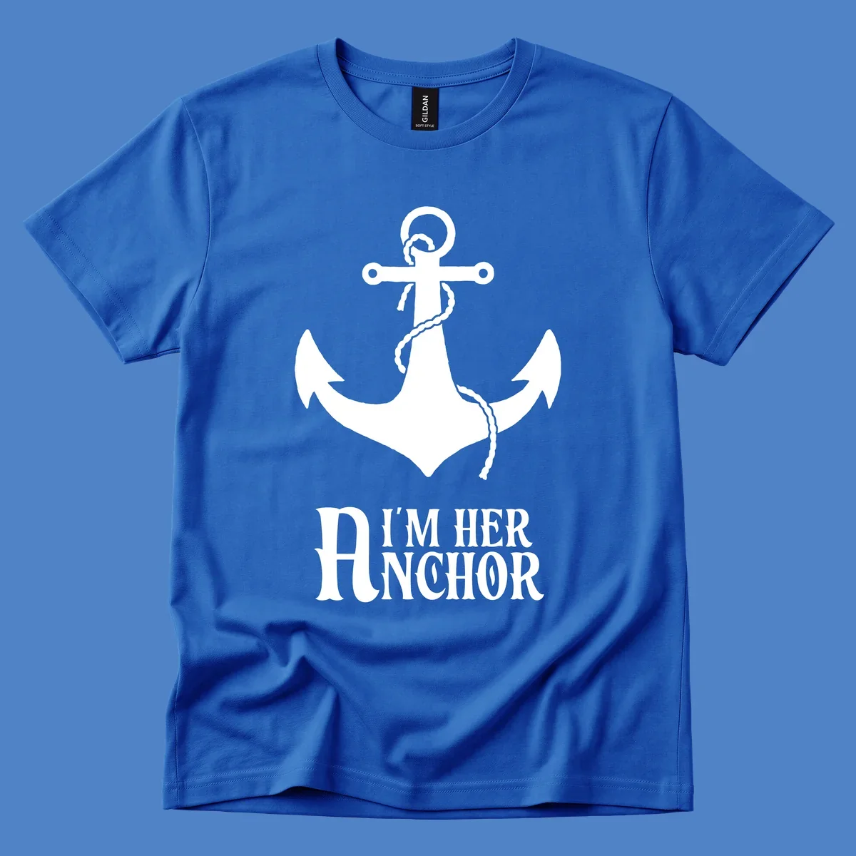 White anchor with rope design and 'I'm Her Anchor' text on gray background - nautical couple shirt illustration