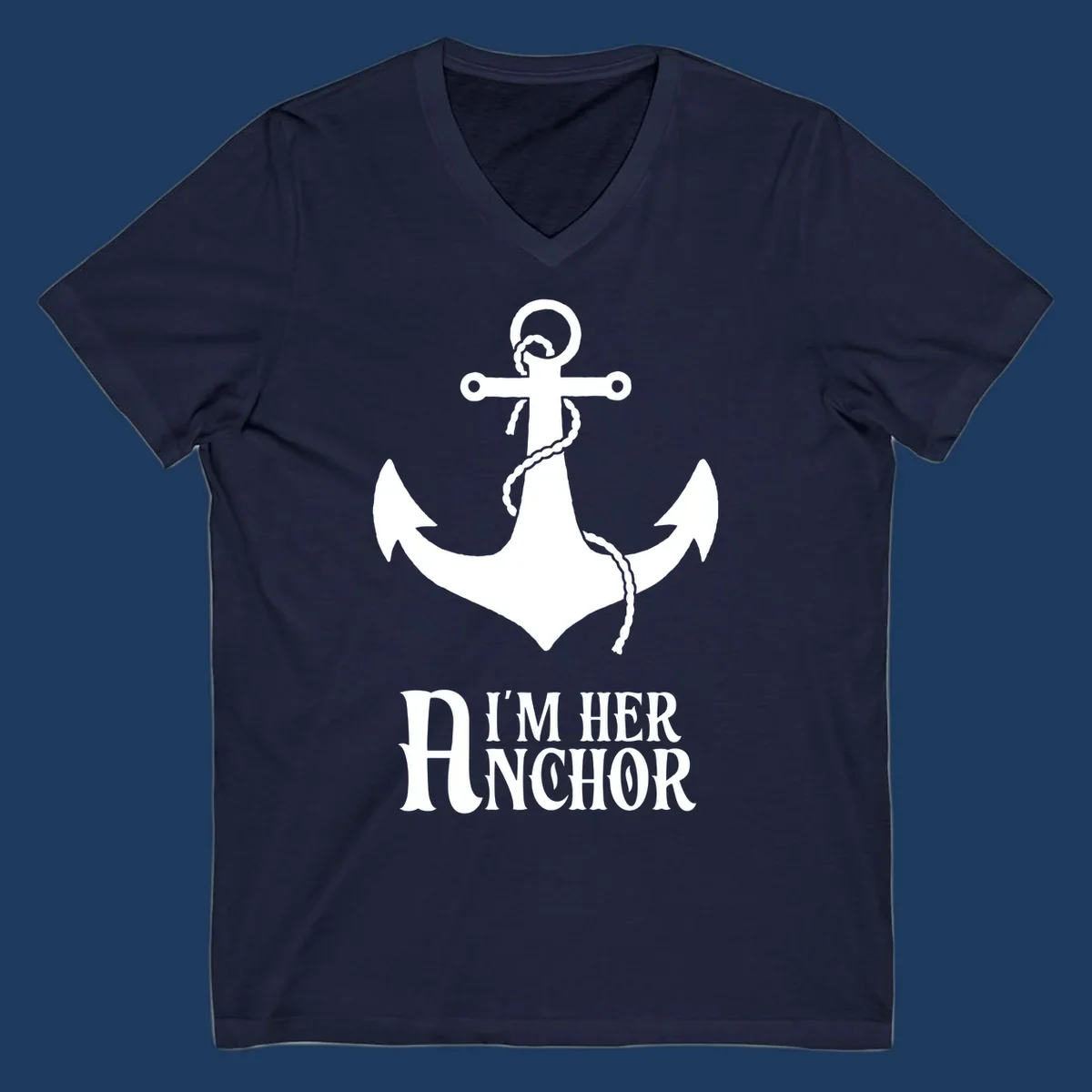 White anchor with rope design and 'I'm Her Anchor' text on gray background - nautical couple shirt illustration