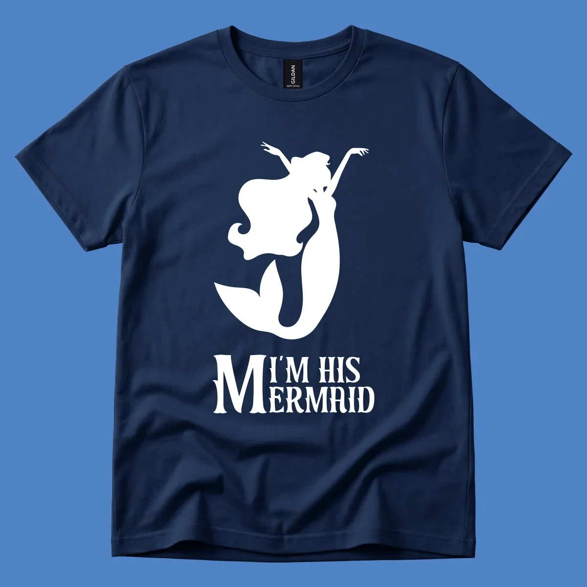 White mermaid silhouette with flowing hair and raised arms, text reads I'm His Mermaid