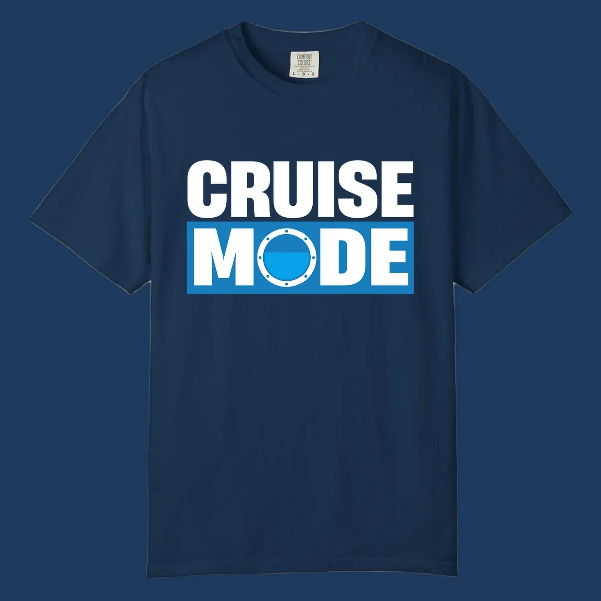 Cruise Mode Porthole design: bold white text reading 'CRUISE MODE' with a riveted ship porthole replacing the letter O on blue background