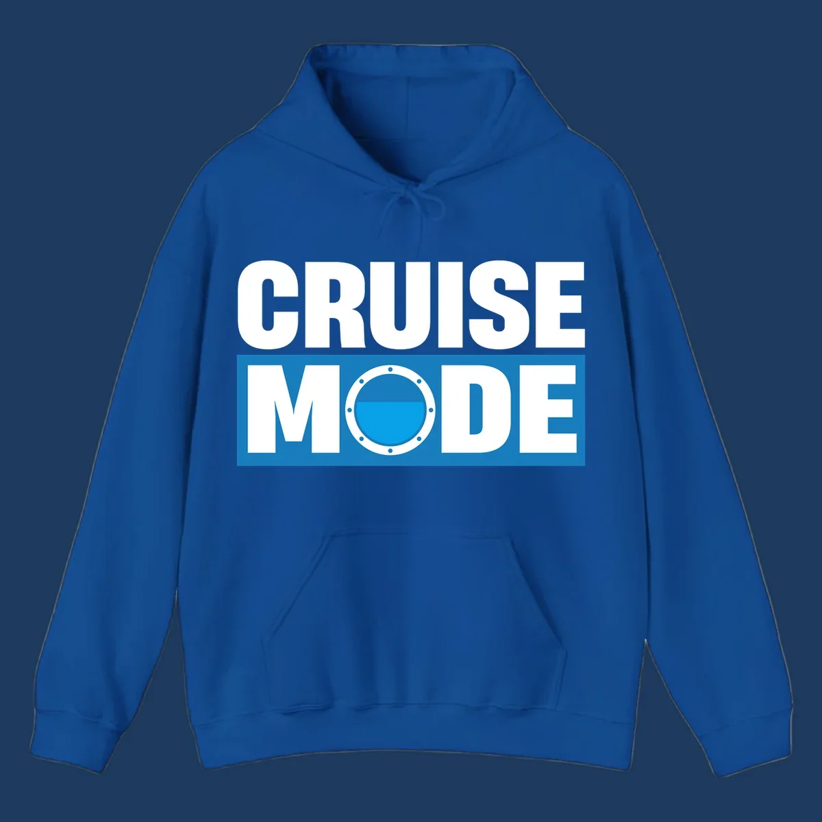 Cruise Mode Porthole design: bold white text reading 'CRUISE MODE' with a riveted ship porthole replacing the letter O on blue background