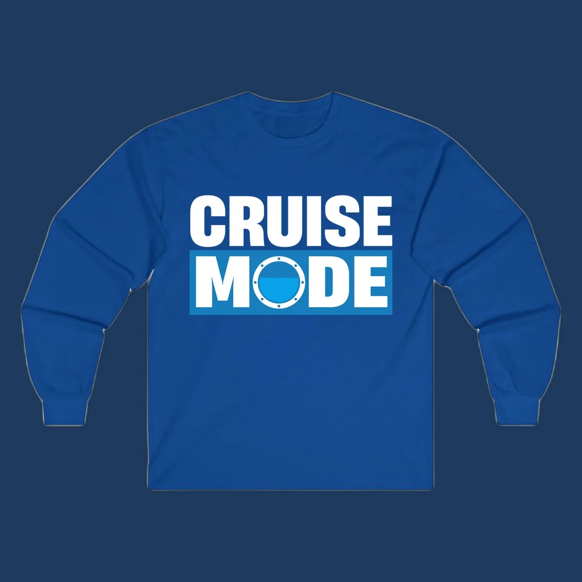 Cruise Mode Porthole design: bold white text reading 'CRUISE MODE' with a riveted ship porthole replacing the letter O on blue background