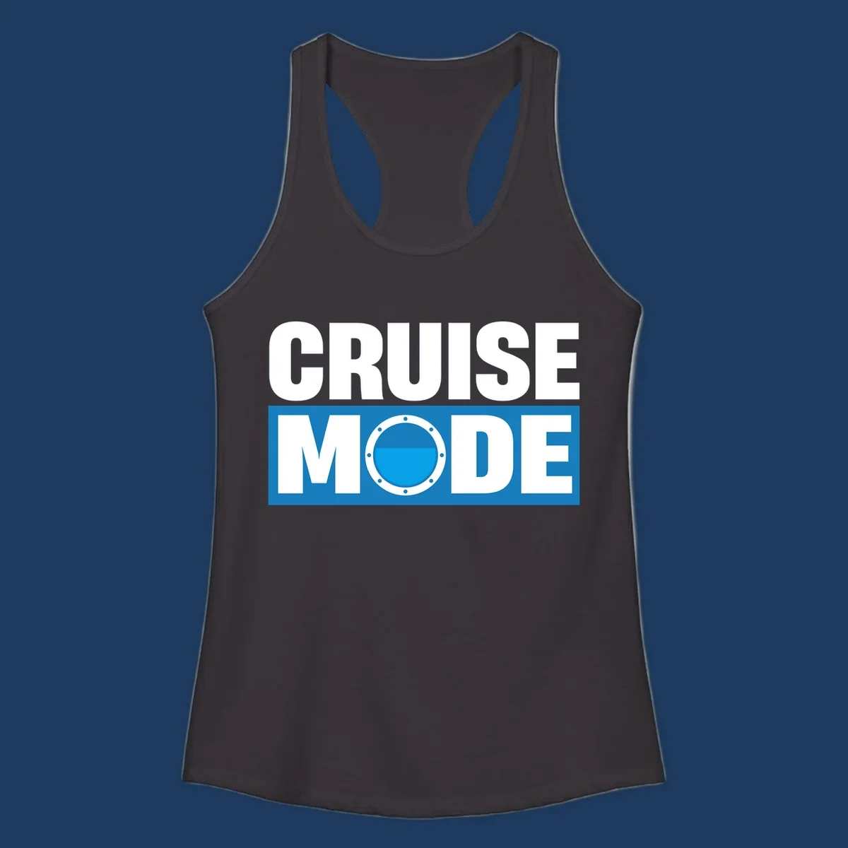 Cruise Mode Porthole design: bold white text reading 'CRUISE MODE' with a riveted ship porthole replacing the letter O on blue background