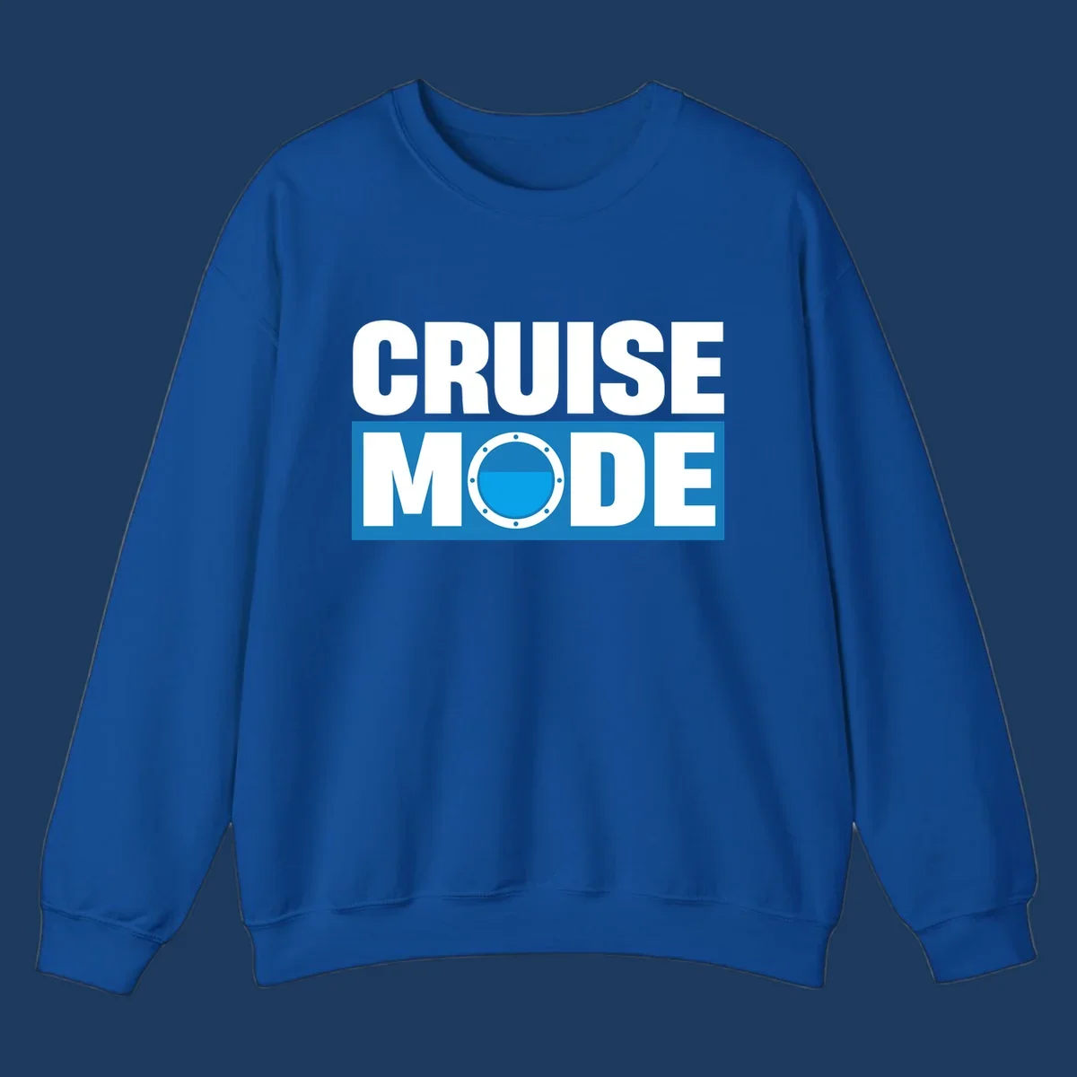 Cruise Mode Porthole design: bold white text reading 'CRUISE MODE' with a riveted ship porthole replacing the letter O on blue background