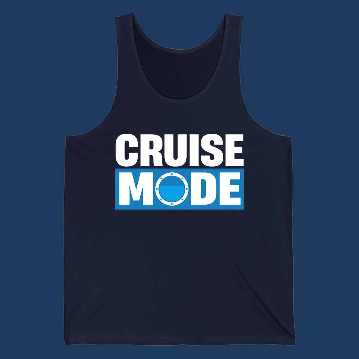 Cruise Mode Porthole design: bold white text reading 'CRUISE MODE' with a riveted ship porthole replacing the letter O on blue background