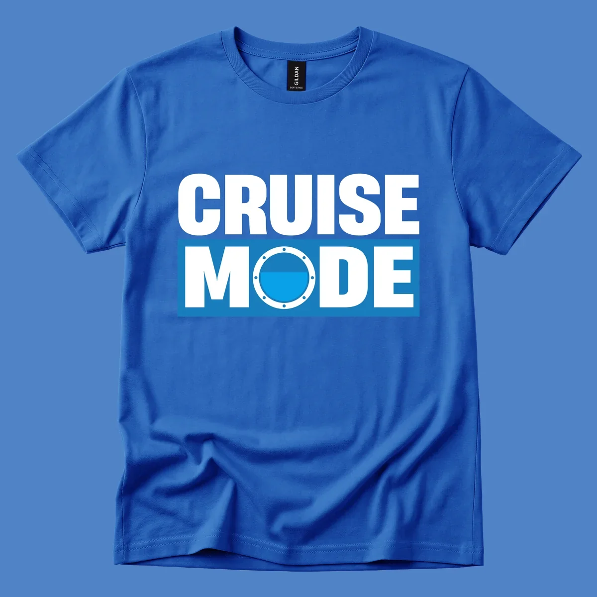 Cruise Mode Porthole design: bold white text reading 'CRUISE MODE' with a riveted ship porthole replacing the letter O on blue background