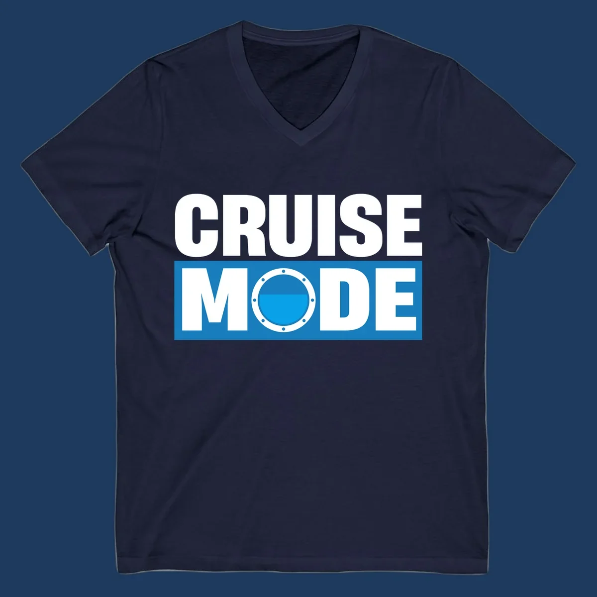 Cruise Mode Porthole design: bold white text reading 'CRUISE MODE' with a riveted ship porthole replacing the letter O on blue background