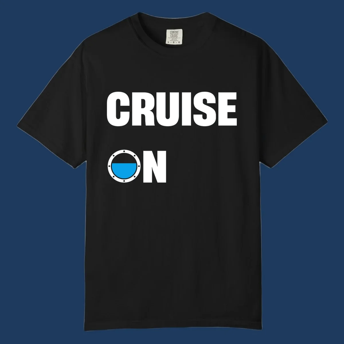 Cruise on porthole design with blue water visible through a circular ship window with metal rivets