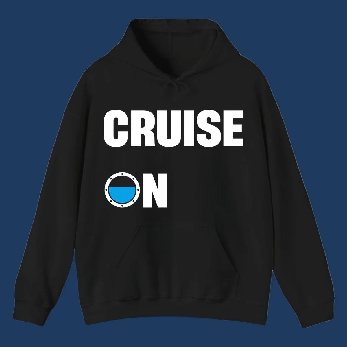 Cruise on porthole design with blue water visible through a circular ship window with metal rivets