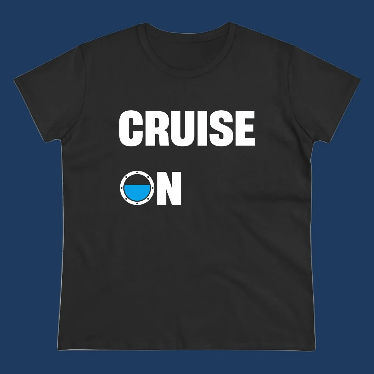 Cruise on porthole design with blue water visible through a circular ship window with metal rivets