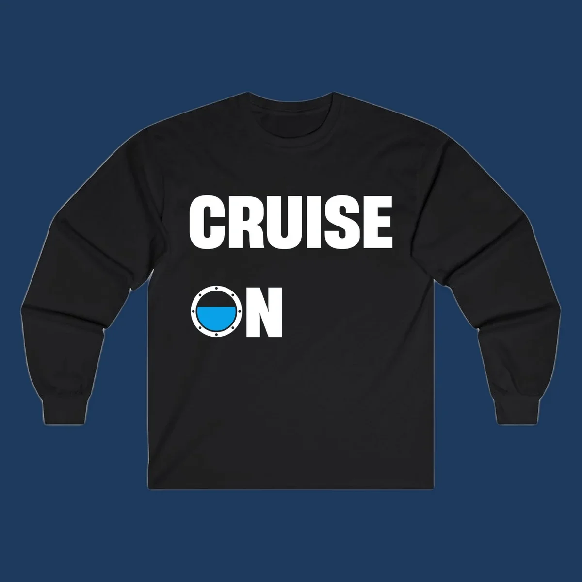 Cruise on porthole design with blue water visible through a circular ship window with metal rivets