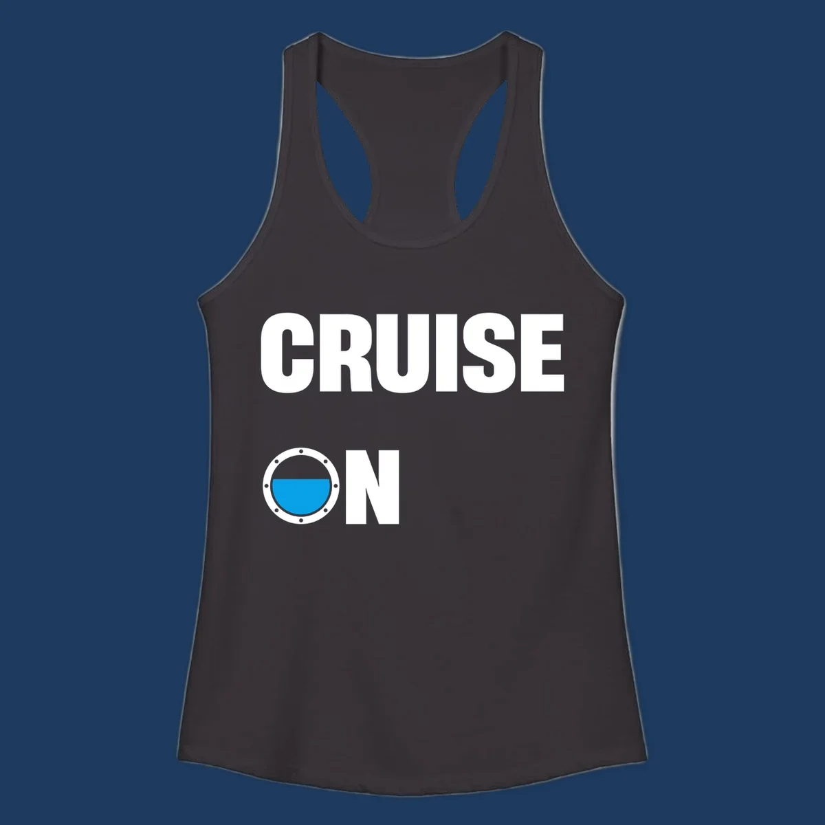 Cruise on porthole design with blue water visible through a circular ship window with metal rivets