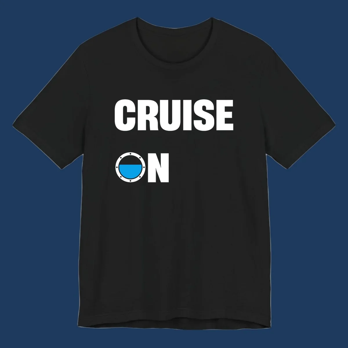 Cruise on porthole design with blue water visible through a circular ship window with metal rivets