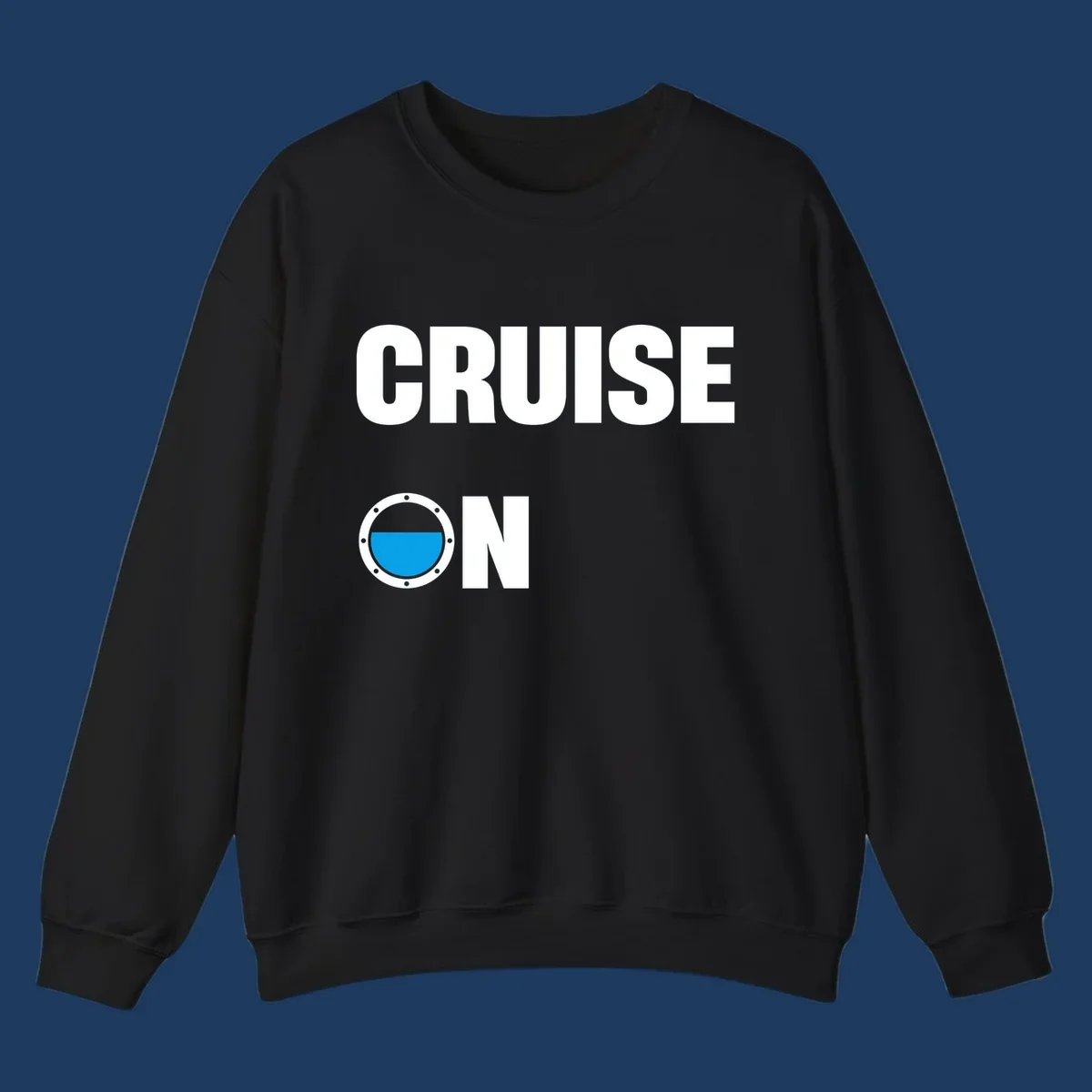 Cruise on porthole design with blue water visible through a circular ship window with metal rivets
