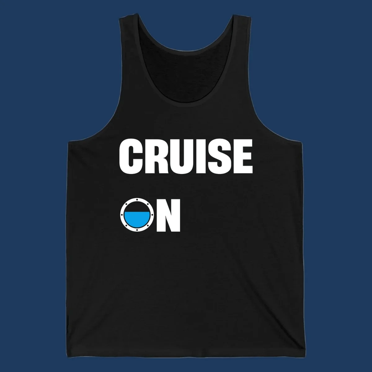 Cruise on porthole design with blue water visible through a circular ship window with metal rivets