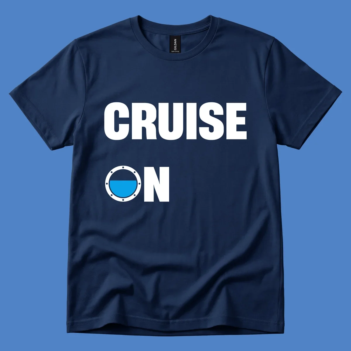 Cruise on porthole design with blue water visible through a circular ship window with metal rivets