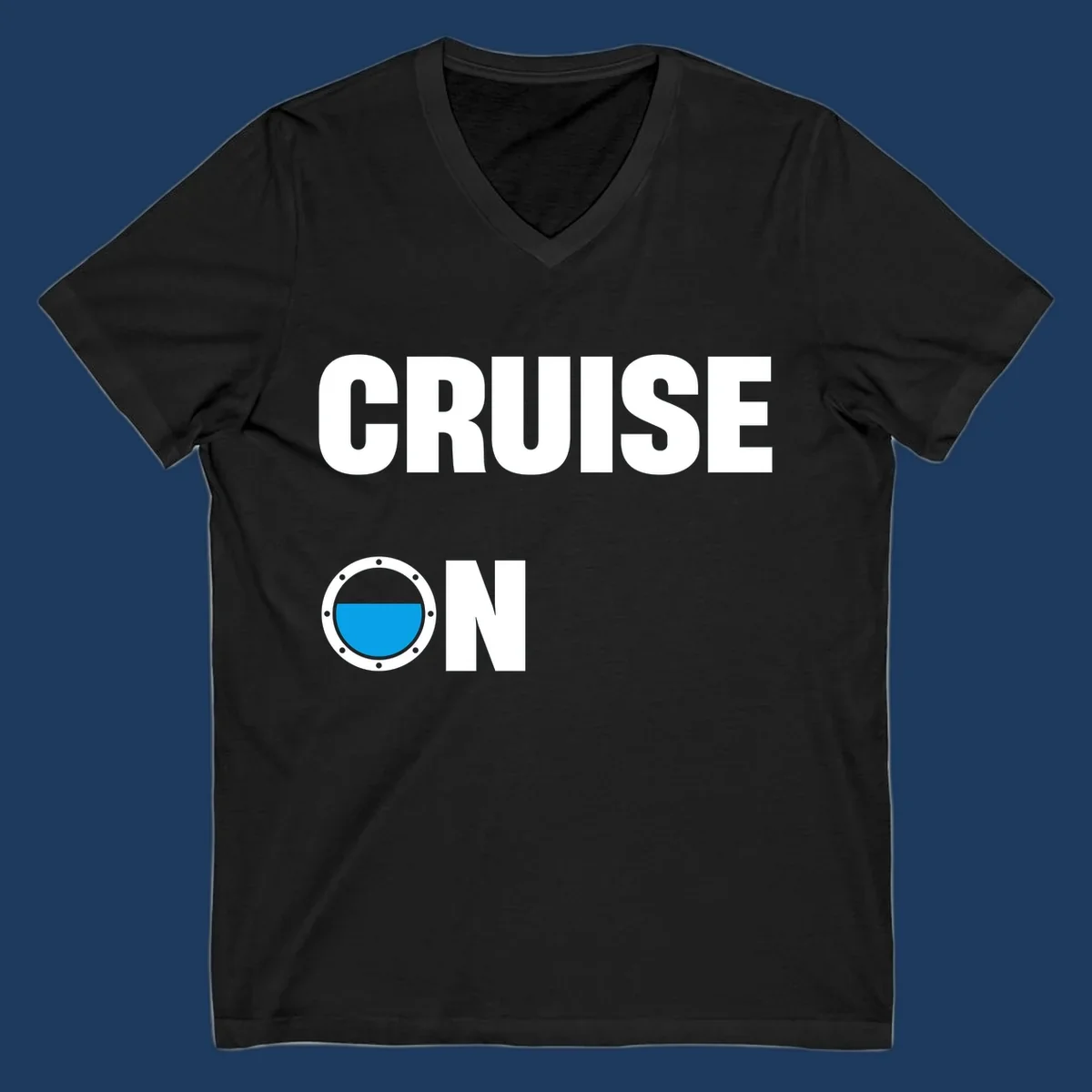 Cruise on porthole design with blue water visible through a circular ship window with metal rivets