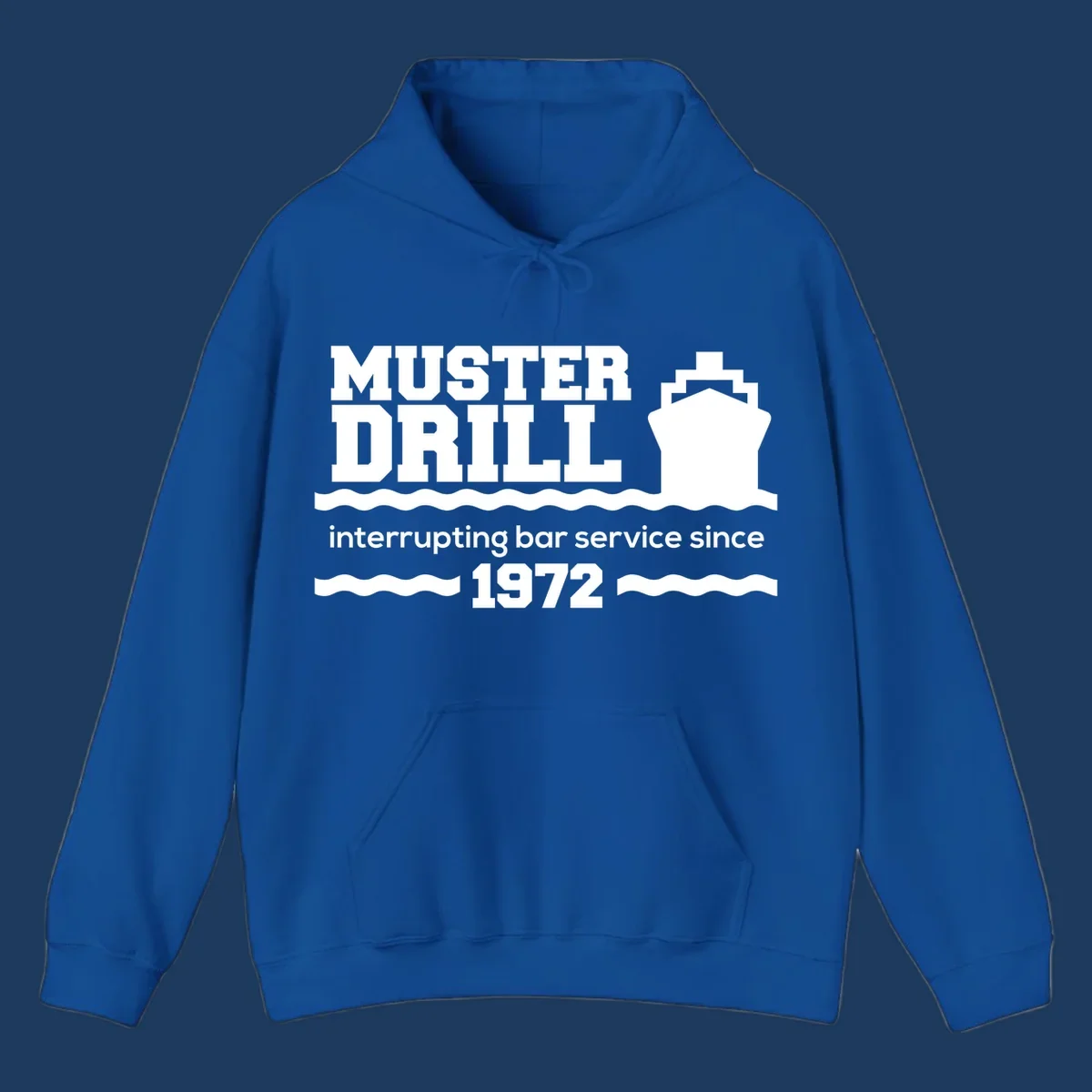 Vintage-style muster drill design with ship silhouette and waves, reading 'interrupting bar service since 1972' in white text on gray background