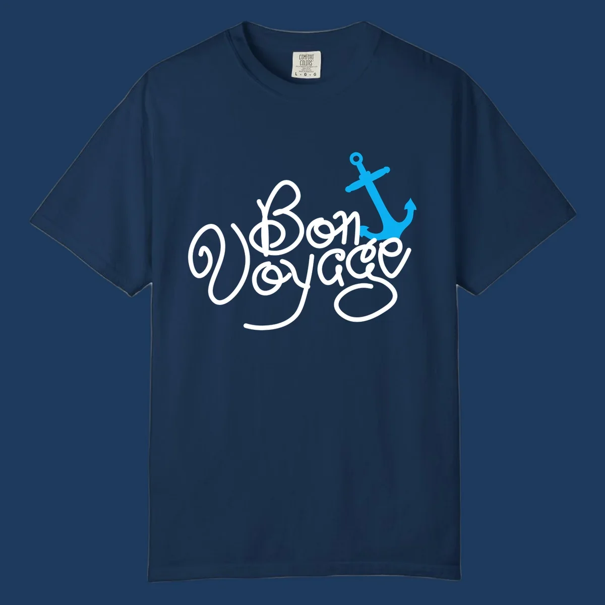 White cursive text reading 'On Board Voyage' with a bright blue anchor graphic on gray background