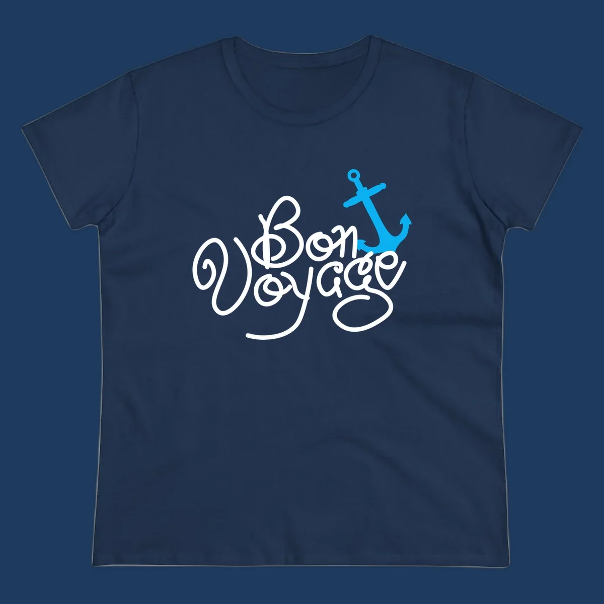White cursive text reading 'On Board Voyage' with a bright blue anchor graphic on gray background