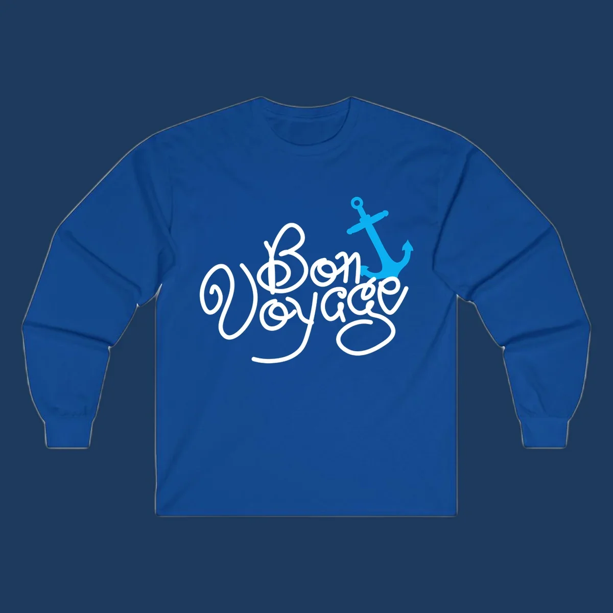 White cursive text reading 'On Board Voyage' with a bright blue anchor graphic on gray background