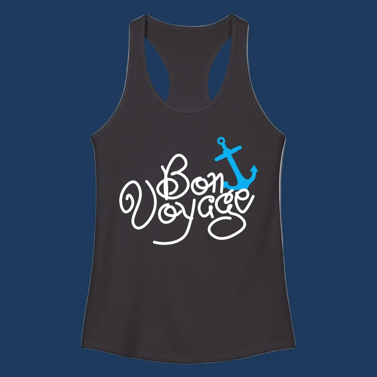 White cursive text reading 'On Board Voyage' with a bright blue anchor graphic on gray background